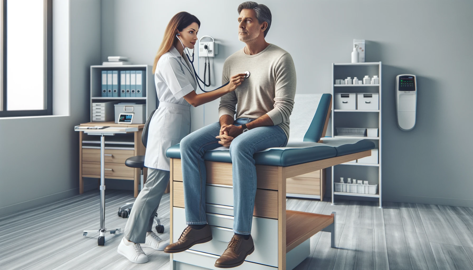 middle-aged man sitting up on an exam table during a routine check-up.