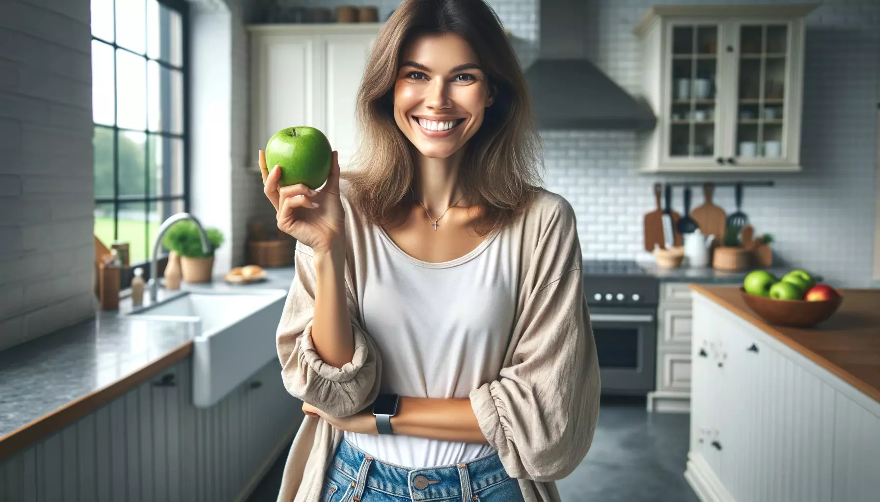 handsome woman smiling ,she is handing apple, it is concept of healthy eating