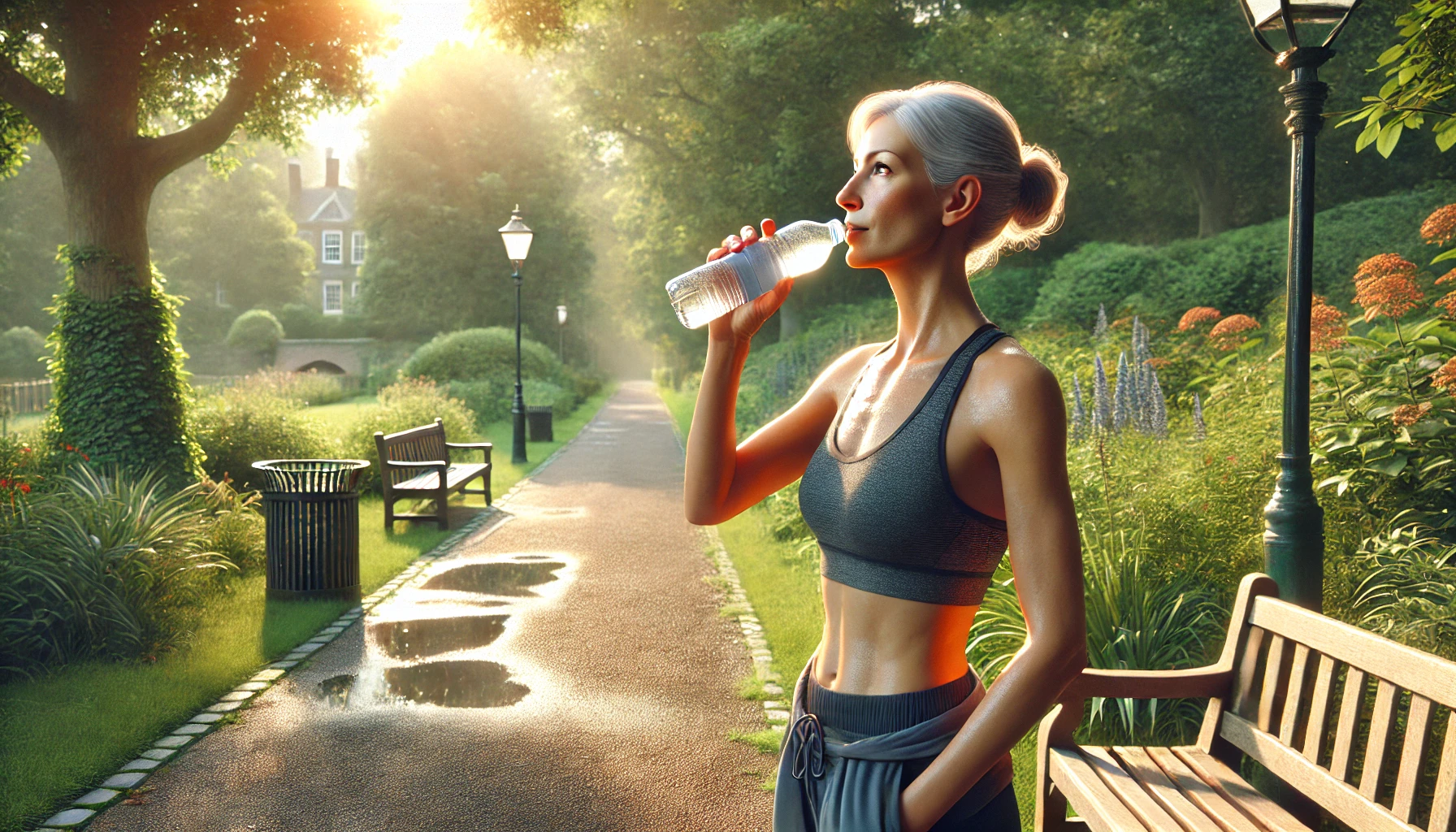 a middle-aged woman taking a break during her run in a park, drinking water. The woman appears to be in her late 40s or early 50s, wearing athletic gear and looking fit. She is standing on a well-maintained path surrounded by lush greenery, with trees and some benches in the background.