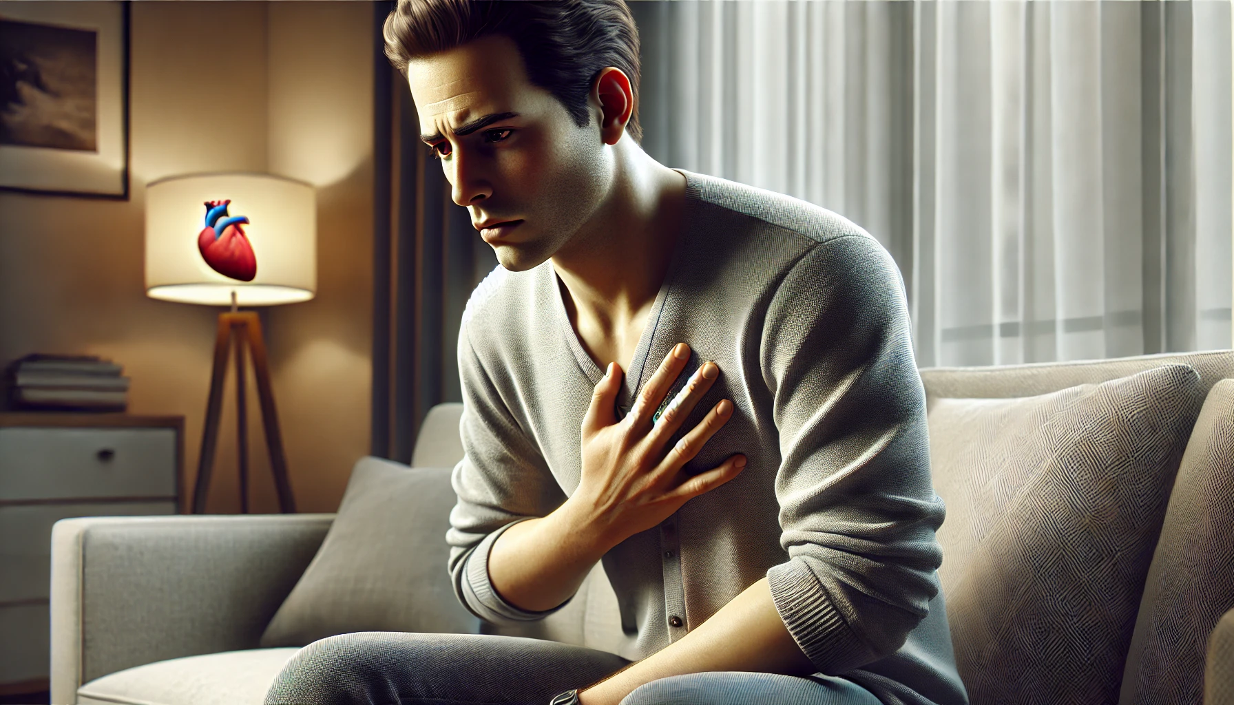 person experiencing chest discomfort while sitting on a couch.