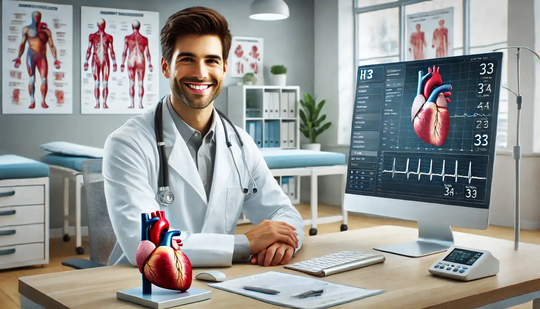 a smiling male cardiologist working in a modern clinic. He is wearing a white lab coat, a stethoscope around the neck, and is seated at a desk with a computer displaying heart-related data.