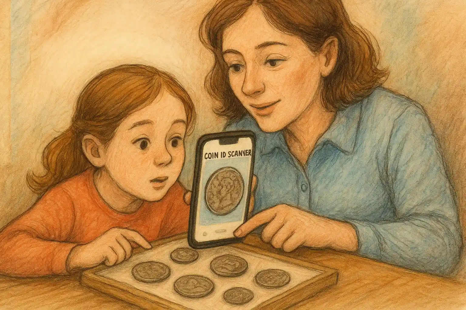 A mom and her daughter are learning about coins via Coin ID Scanner.