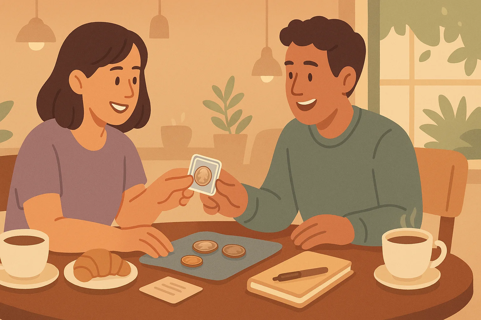 Friends at the cafe are exchanging their collections’ details.