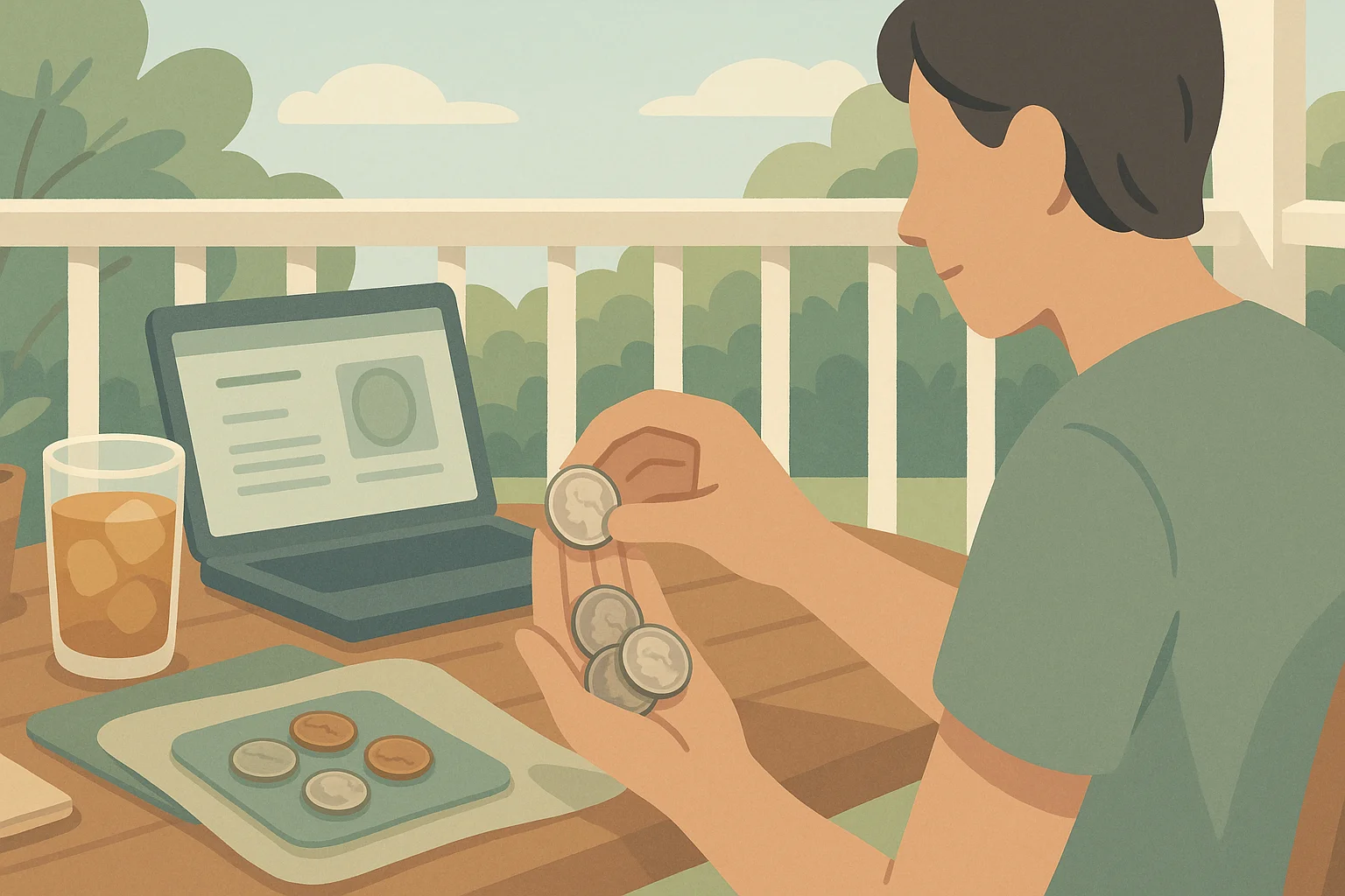 A person conducts research on his coin collection via his laptop.